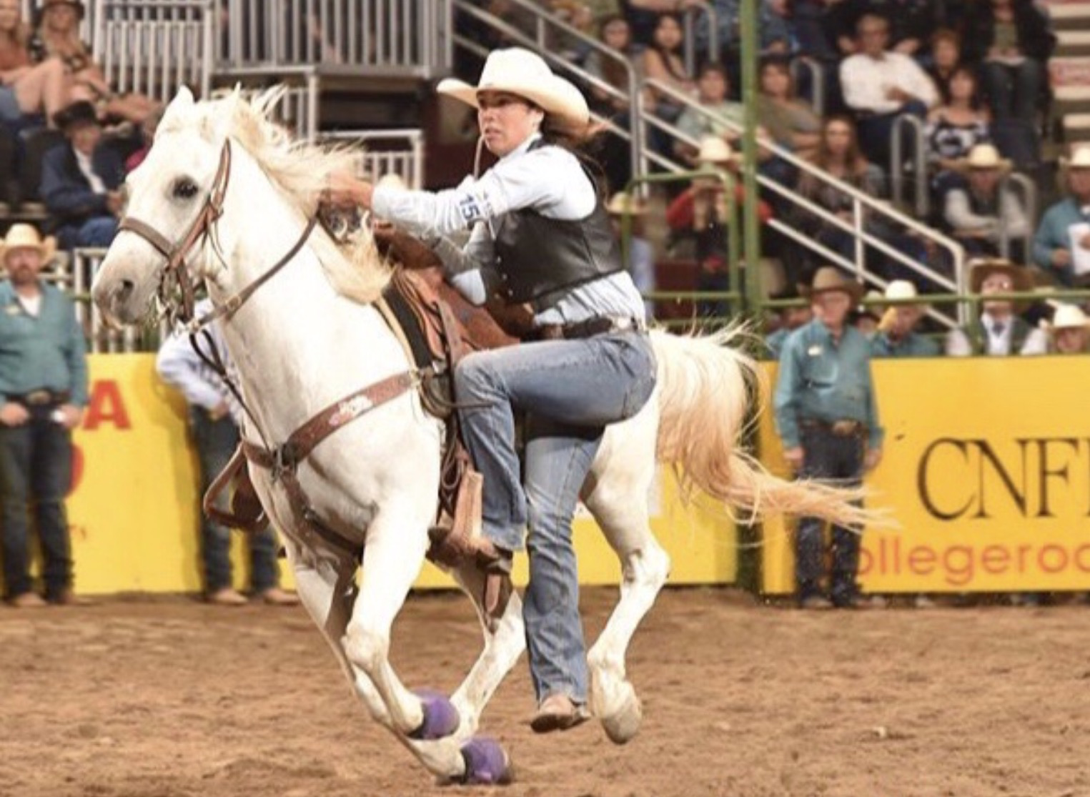 A Next Level rider stepping off her horse at full speed